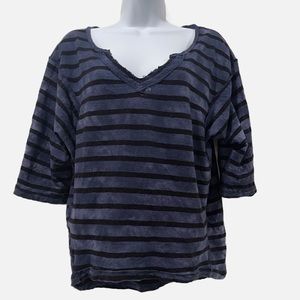 We The Free deep V neck, 3/4 sleeve blue and black striped tee | Sz M